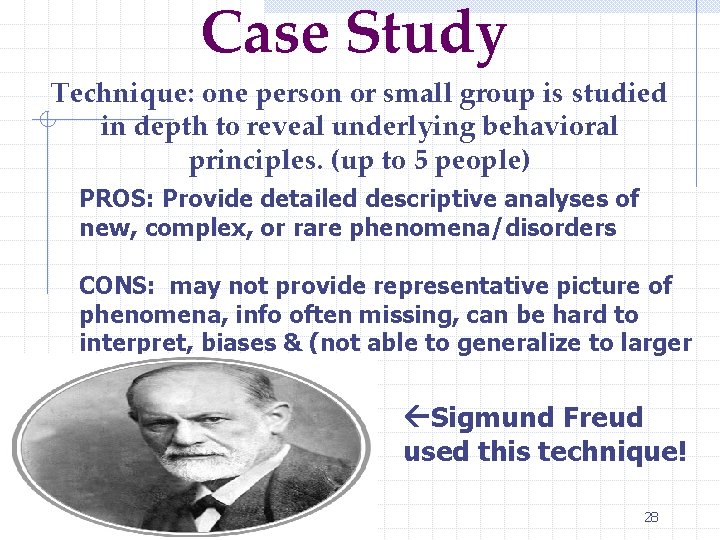 Case Study Technique: one person or small group is studied in depth to reveal