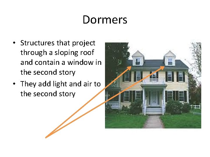 Dormers • Structures that project through a sloping roof and contain a window in