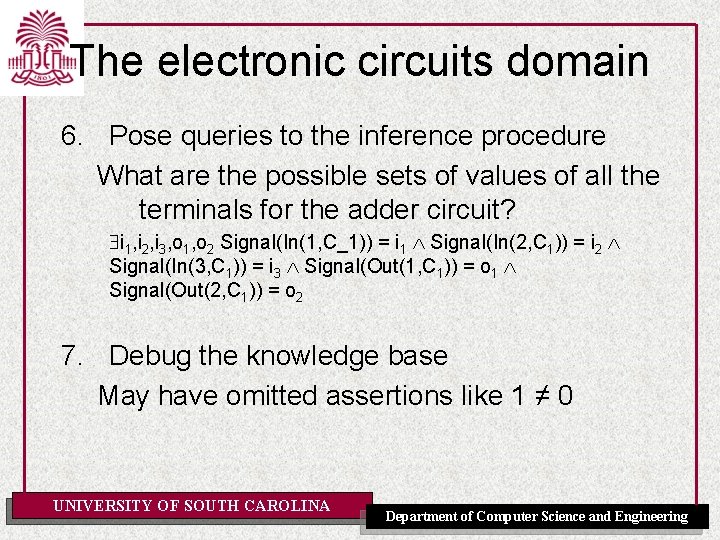 The electronic circuits domain 6. Pose queries to the inference procedure What are the