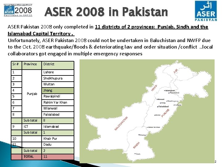 ASER 2008 in Pakistan ASER Pakistan 2008 only completed in 11 districts of 2