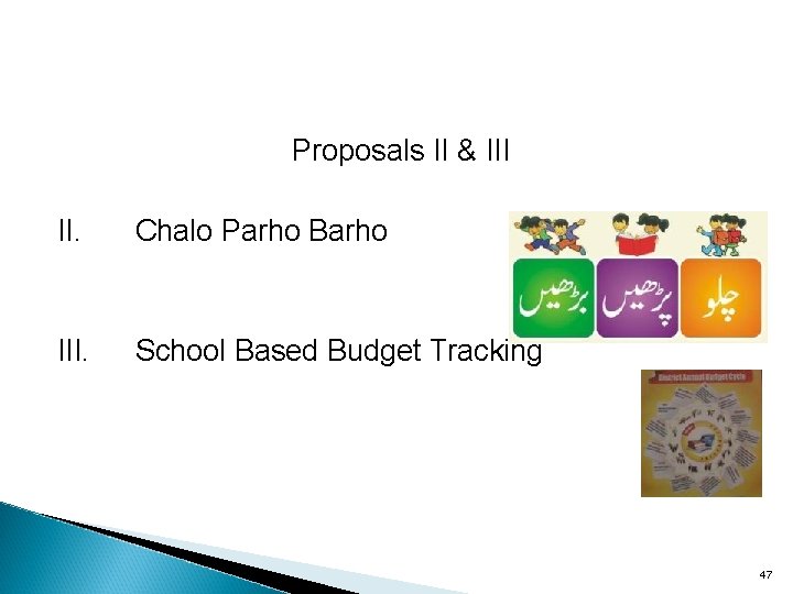 Proposals II & III II. Chalo Parho Barho III. School Based Budget Tracking 47