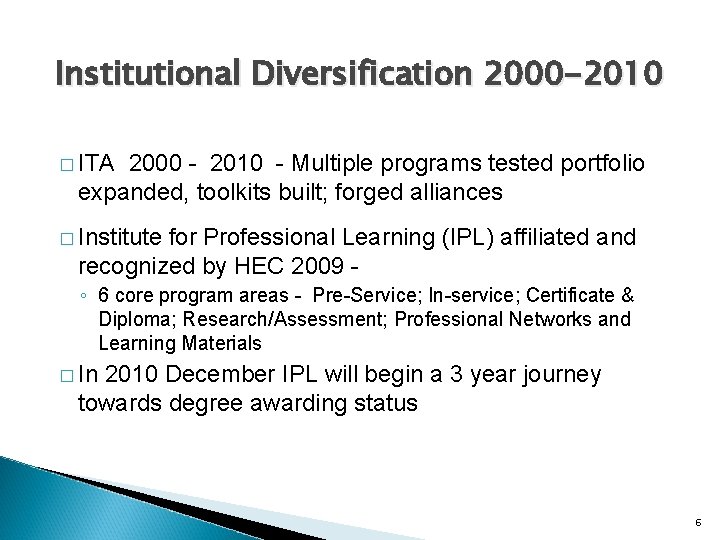 Institutional Diversification 2000 -2010 � ITA 2000 - 2010 - Multiple programs tested portfolio