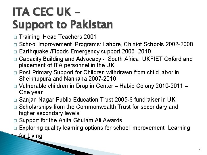 ITA CEC UK – Support to Pakistan � � � � � Training Head