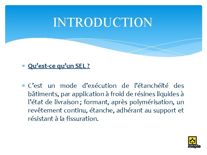 INTRODUCTION Qu’est-ce qu’un SEL ? C’est un mode d’exécution de l’étanchéité des bâtiments, par