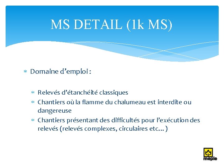 MS DETAIL (1 k MS) Domaine d’emploi : Relevés d’étanchéité classiques Chantiers où la