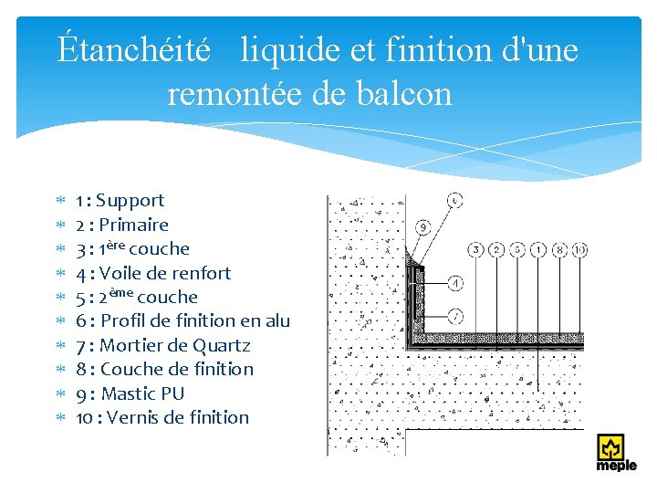 Étanchéité liquide et finition d'une remontée de balcon 1 : Support 2 : Primaire