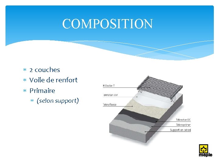 COMPOSITION 2 couches Voile de renfort Primaire (selon support) 
