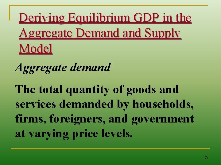 Deriving Equilibrium GDP in the Aggregate Demand Supply Model Aggregate demand The total quantity