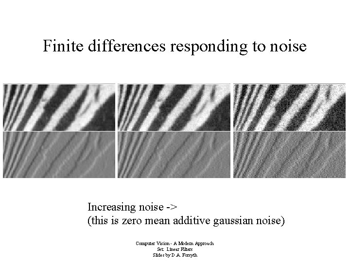 Finite differences responding to noise Increasing noise -> (this is zero mean additive gaussian Finite differences responding to noise Increasing noise -> (this is zero mean additive gaussian
