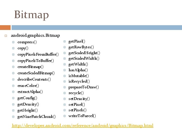 Bitmap android. graphics. Bitmap compress() copy. Pixels. From. Buffer() copy. Pixels. To. Buffer() create.