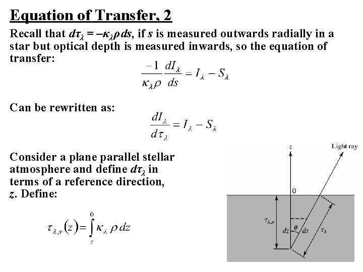 Equation of Transfer, 2 Recall that dτλ = –κλ ρ ds, if s is