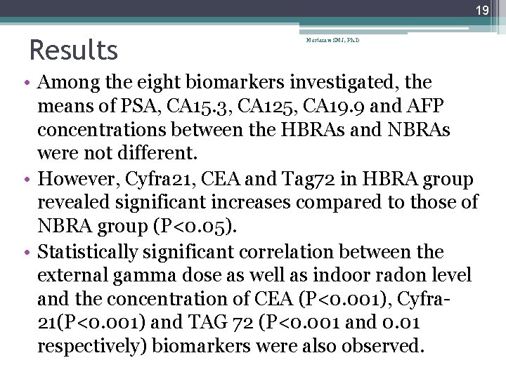 19 Results Mortazavi SMJ, Ph. D • Among the eight biomarkers investigated, the means