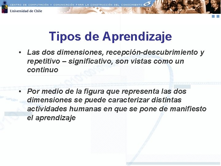 Tipos de Aprendizaje • Las dos dimensiones, recepción-descubrimiento y repetitivo – significativo, son vistas