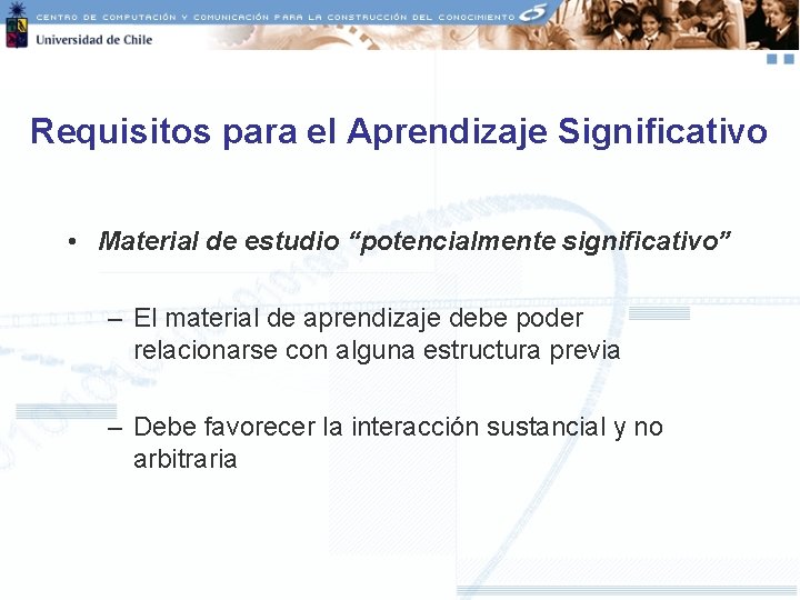 Requisitos para el Aprendizaje Significativo • Material de estudio “potencialmente significativo” – El material