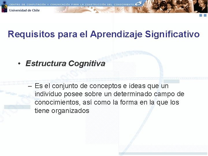 Requisitos para el Aprendizaje Significativo • Estructura Cognitiva – Es el conjunto de conceptos