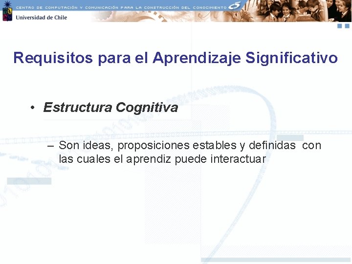 Requisitos para el Aprendizaje Significativo • Estructura Cognitiva – Son ideas, proposiciones estables y