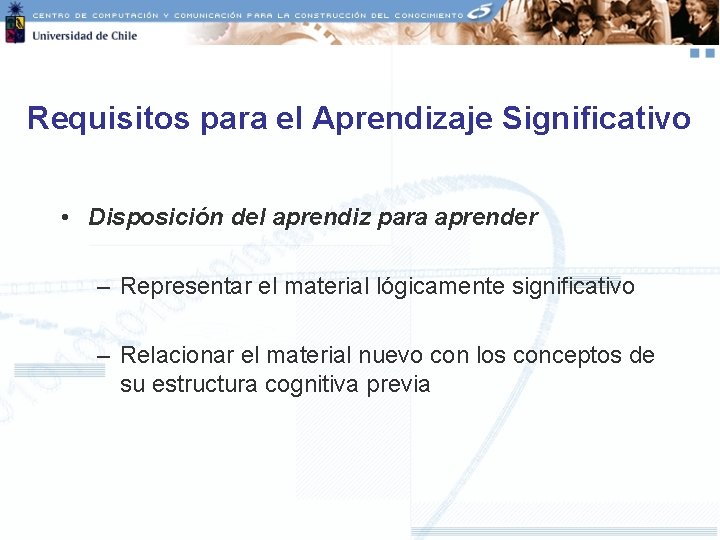 Requisitos para el Aprendizaje Significativo • Disposición del aprendiz para aprender – Representar el