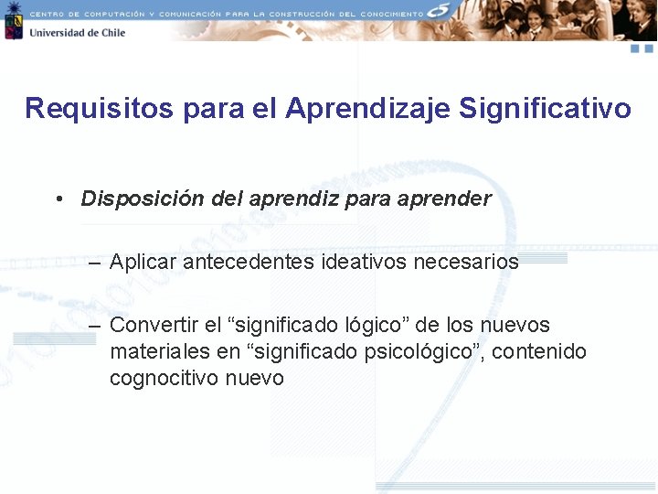 Requisitos para el Aprendizaje Significativo • Disposición del aprendiz para aprender – Aplicar antecedentes