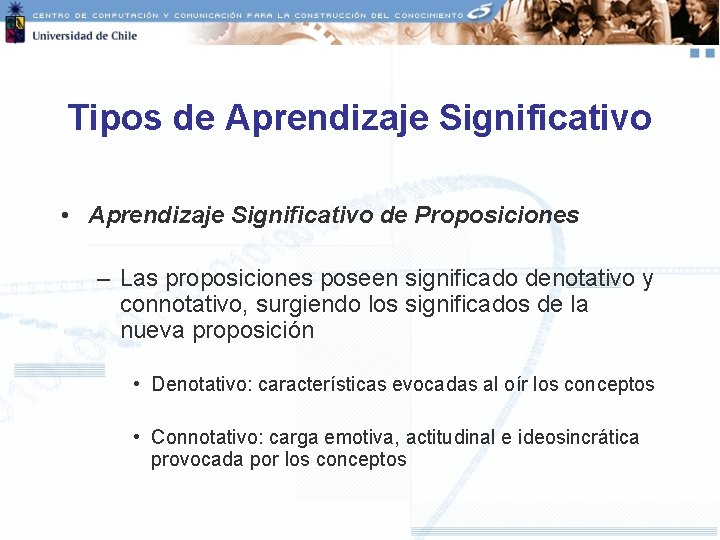 Tipos de Aprendizaje Significativo • Aprendizaje Significativo de Proposiciones – Las proposiciones poseen significado