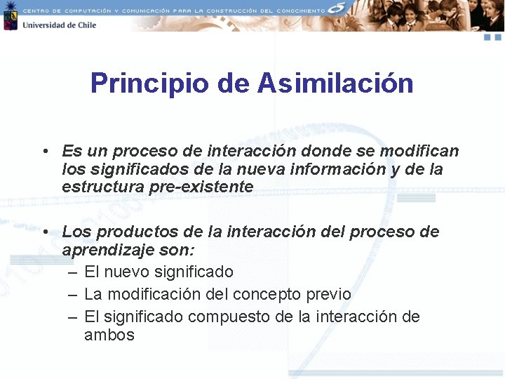 Principio de Asimilación • Es un proceso de interacción donde se modifican los significados