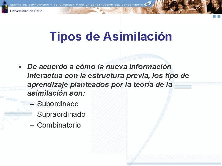 Tipos de Asimilación • De acuerdo a cómo la nueva información interactua con la