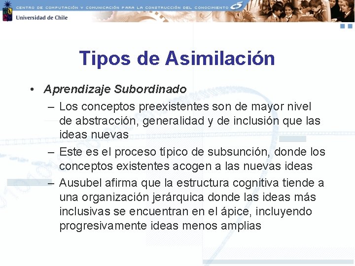 Tipos de Asimilación • Aprendizaje Subordinado – Los conceptos preexistentes son de mayor nivel