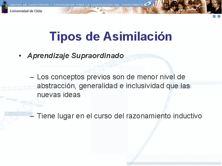 Tipos de Asimilación • Aprendizaje Supraordinado – Los conceptos previos son de menor nivel