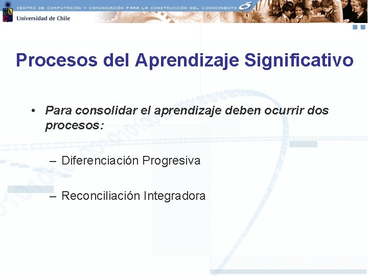 Procesos del Aprendizaje Significativo • Para consolidar el aprendizaje deben ocurrir dos procesos: –