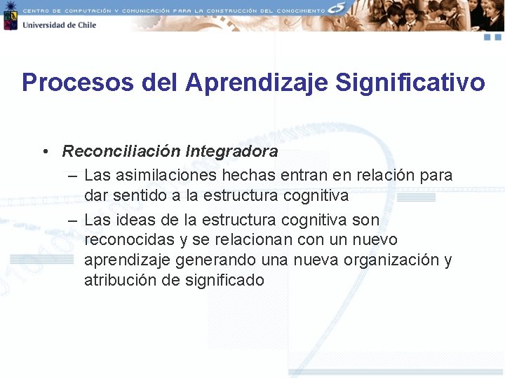 Procesos del Aprendizaje Significativo • Reconciliación Integradora – Las asimilaciones hechas entran en relación