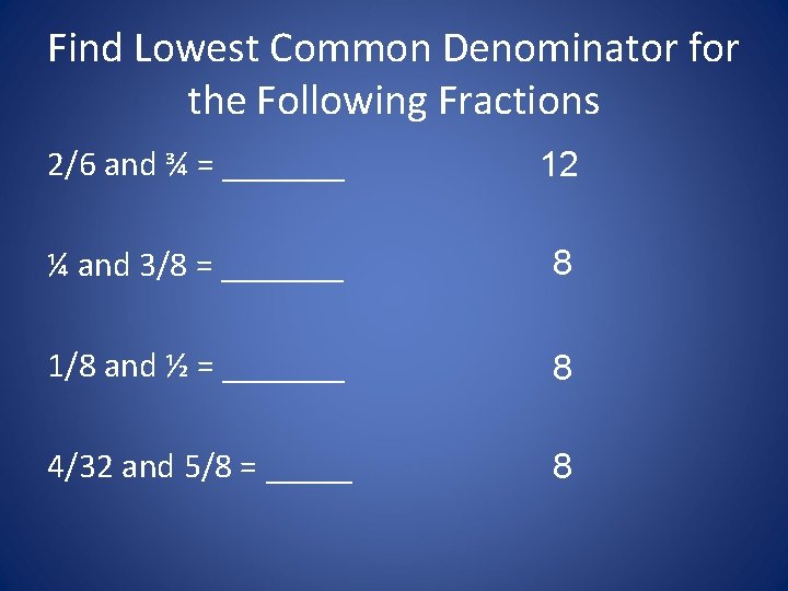 Find Lowest Common Denominator for the Following Fractions 2/6 and ¾ = _______ 12