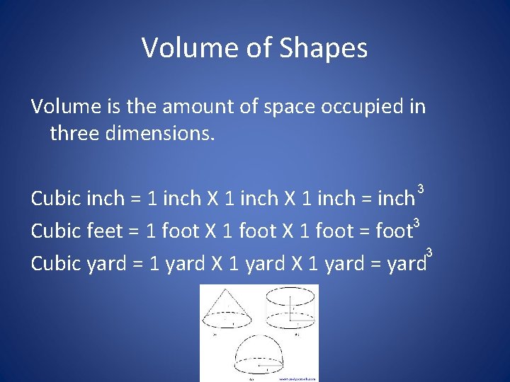 Volume of Shapes Volume is the amount of space occupied in three dimensions. 3