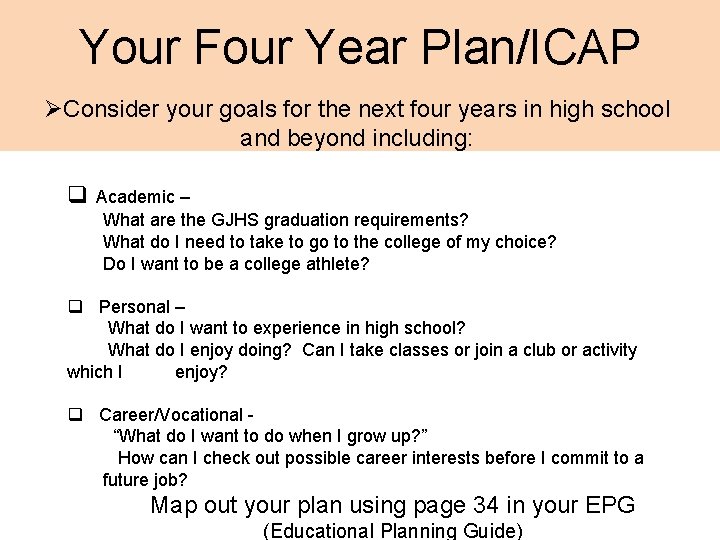 Your Four Year Plan/ICAP ØConsider your goals for the next four years in high