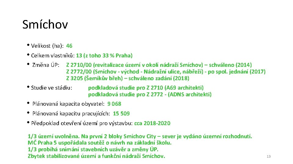 Smíchov • Velikost (ha): 46 • Celkem vlastníků: 13 (z toho 33 % Praha)