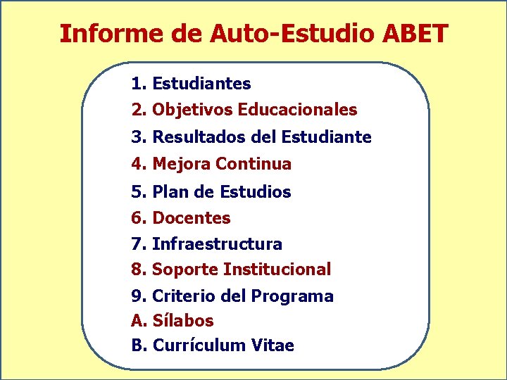 Informe de Auto-Estudio ABET 1. Estudiantes 2. Objetivos Educacionales 3. Resultados del Estudiante 4.