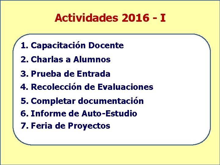 Actividades 2016 - I 1. Capacitación Docente 2. Charlas a Alumnos 3. Prueba de