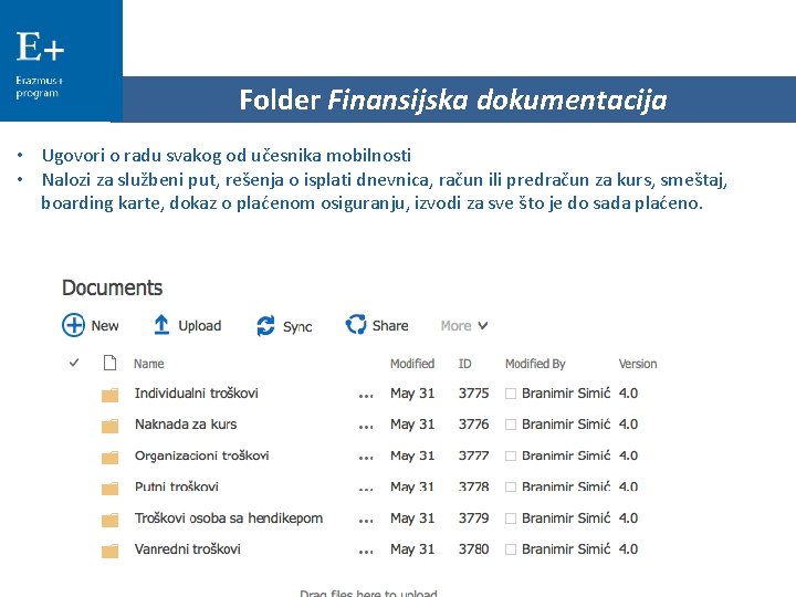 Folder Finansijska dokumentacija • Ugovori o radu svakog od učesnika mobilnosti • Nalozi za Folder Finansijska dokumentacija • Ugovori o radu svakog od učesnika mobilnosti • Nalozi za