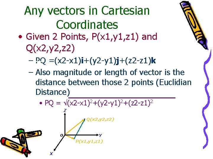 Any vectors in Cartesian Coordinates • Given 2 Points, P(x 1, y 1, z