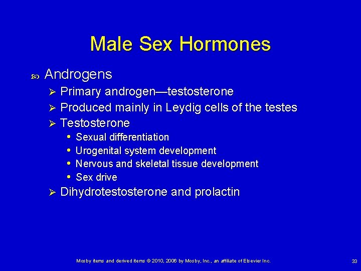 Male Sex Hormones Androgens Primary androgen—testosterone Ø Produced mainly in Leydig cells of the