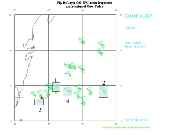 Fig. 10: Layer (700 -SFC) mean dropsondes and locations of Skew-T plots 1 2