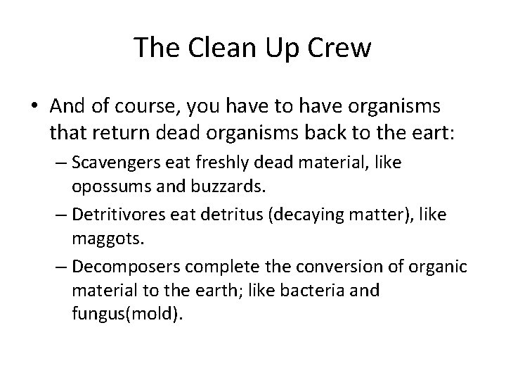 The Clean Up Crew • And of course, you have to have organisms that