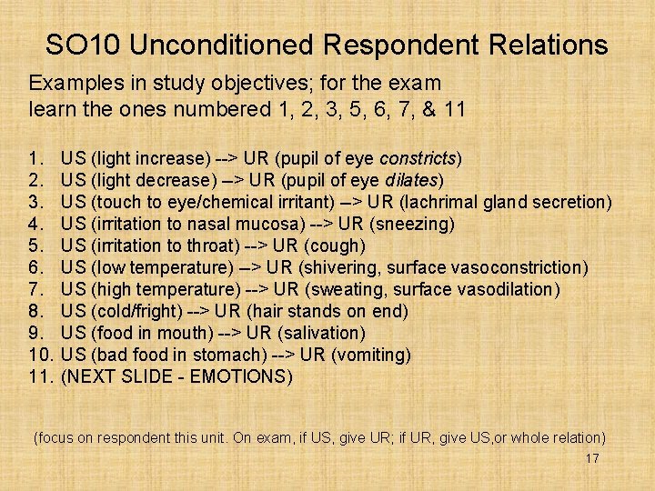 SO 10 Unconditioned Respondent Relations Examples in study objectives; for the exam learn the