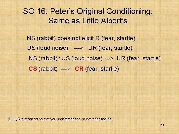 SO 16: Peter’s Original Conditioning: Same as Little Albert’s NS (rabbit) does not elicit