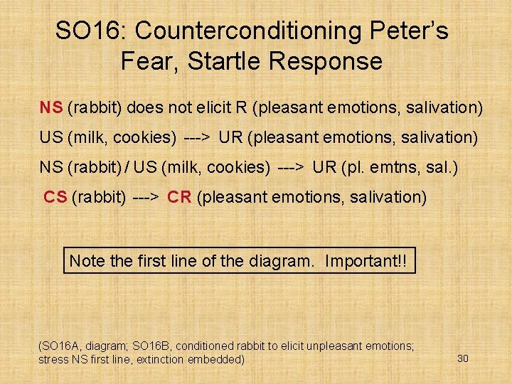 SO 16: Counterconditioning Peter’s Fear, Startle Response NS (rabbit) does not elicit R (pleasant