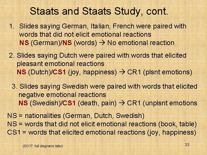 Staats and Staats Study, cont. 1. Slides saying German, Italian, French were paired with