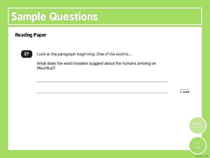 Sample Questions Reading Paper chapter menu next page 