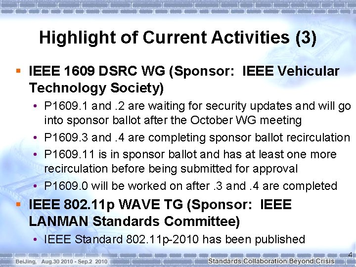 Highlight of Current Activities (3) § IEEE 1609 DSRC WG (Sponsor: IEEE Vehicular Technology