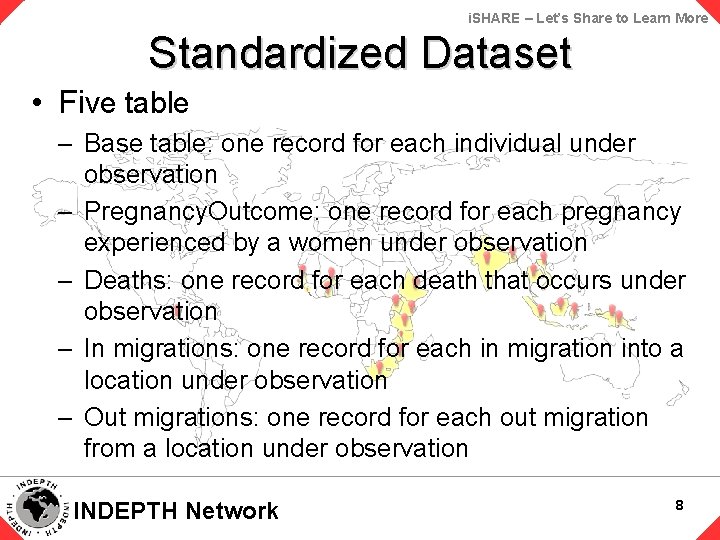 i. SHARE – Let’s Share to Learn More Standardized Dataset • Five table –
