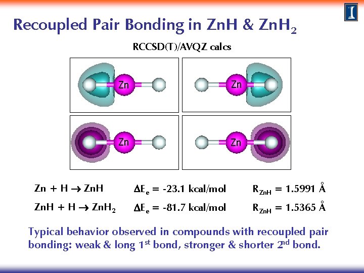 Recoupled Pair Bonding in Zn. H & Zn. H 2 RCCSD(T)/AVQZ calcs Zn Zn