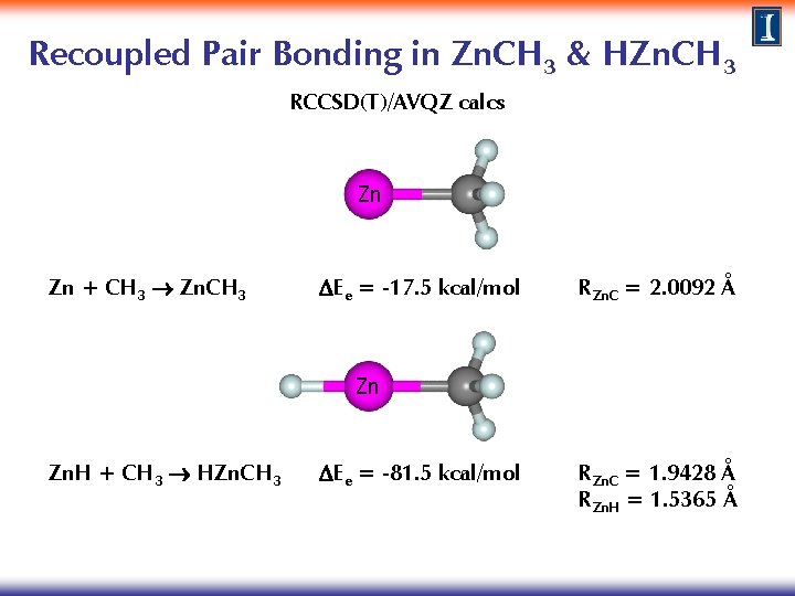 Recoupled Pair Bonding in Zn. CH 3 & HZn. CH 3 RCCSD(T)/AVQZ calcs Zn