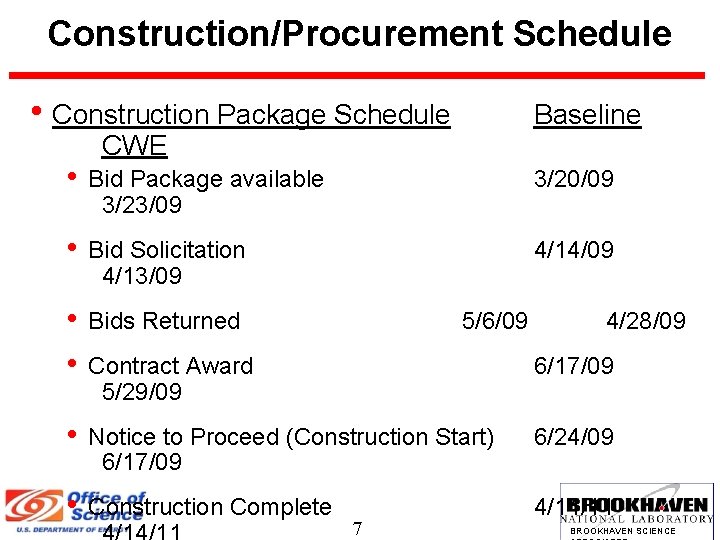 Construction/Procurement Schedule • Construction Package Schedule Baseline CWE • Bid Package available 3/23/09 3/20/09